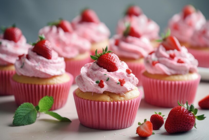A plate of strawberry cupcakes with pink buttercream frosting - Pink Foods